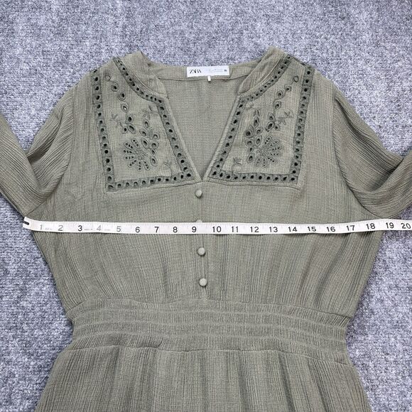 Zara Dress Womens Size Medium Embroidered Lined Khaki Green Long Sleeve Mini - Picture 7 of 11